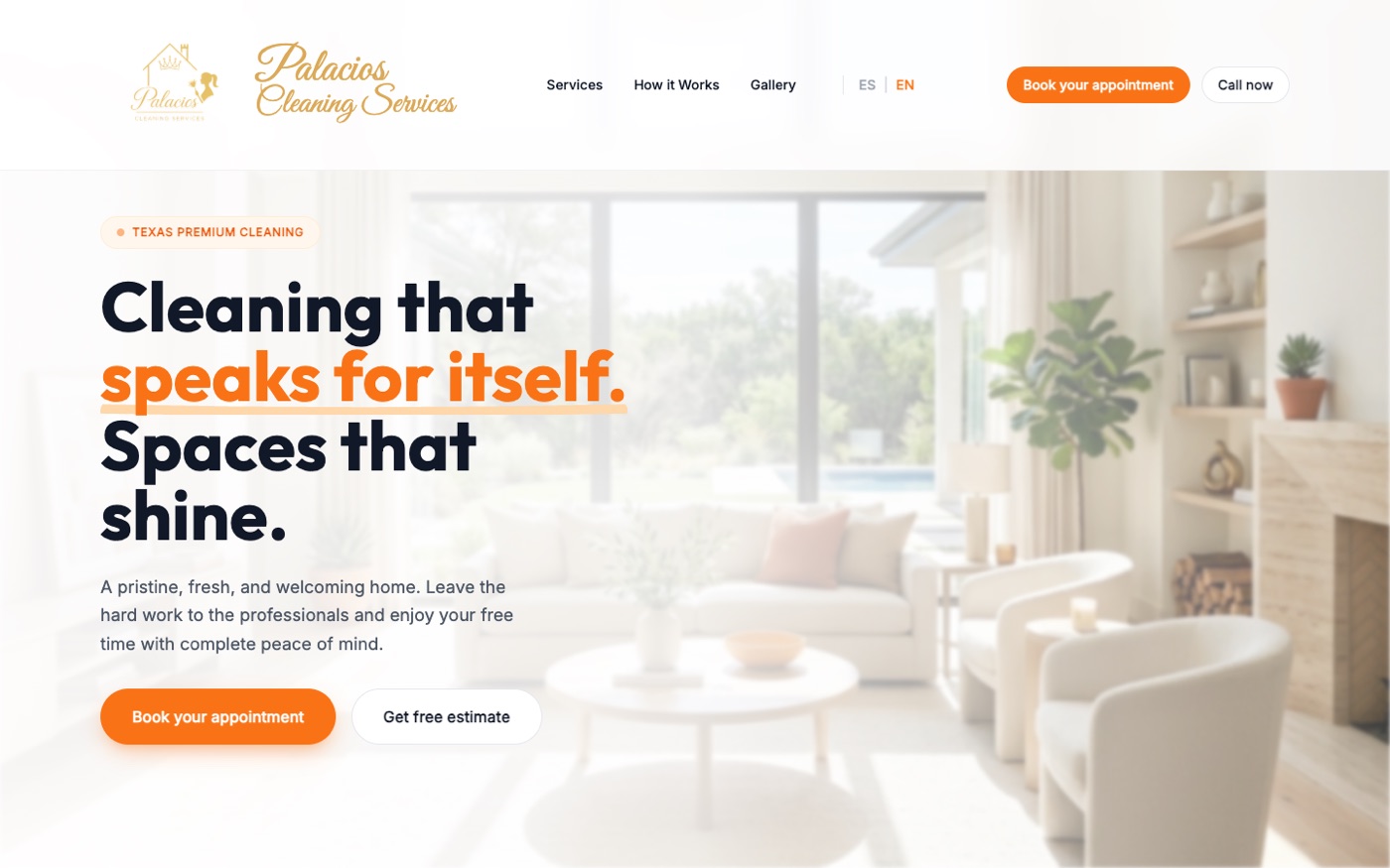 Palacios Cleaning Services — custom business website with service presentation, online estimate flow, booking experience, and professional branding