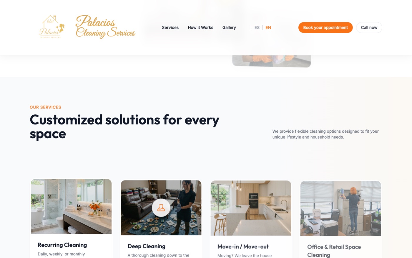 Palacios Cleaning Services — customized service packages and booking flow